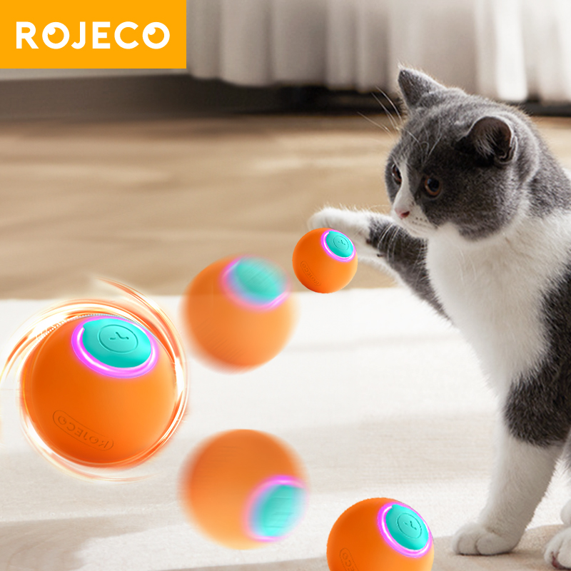 Automatic Moving Dog Ball - ROJECO 猫のおもちゃスマートインタラクティブ猫バウンスボール自動ローリングボールトレーニング自己移動電動おもちゃ犬ペットアクセサリー