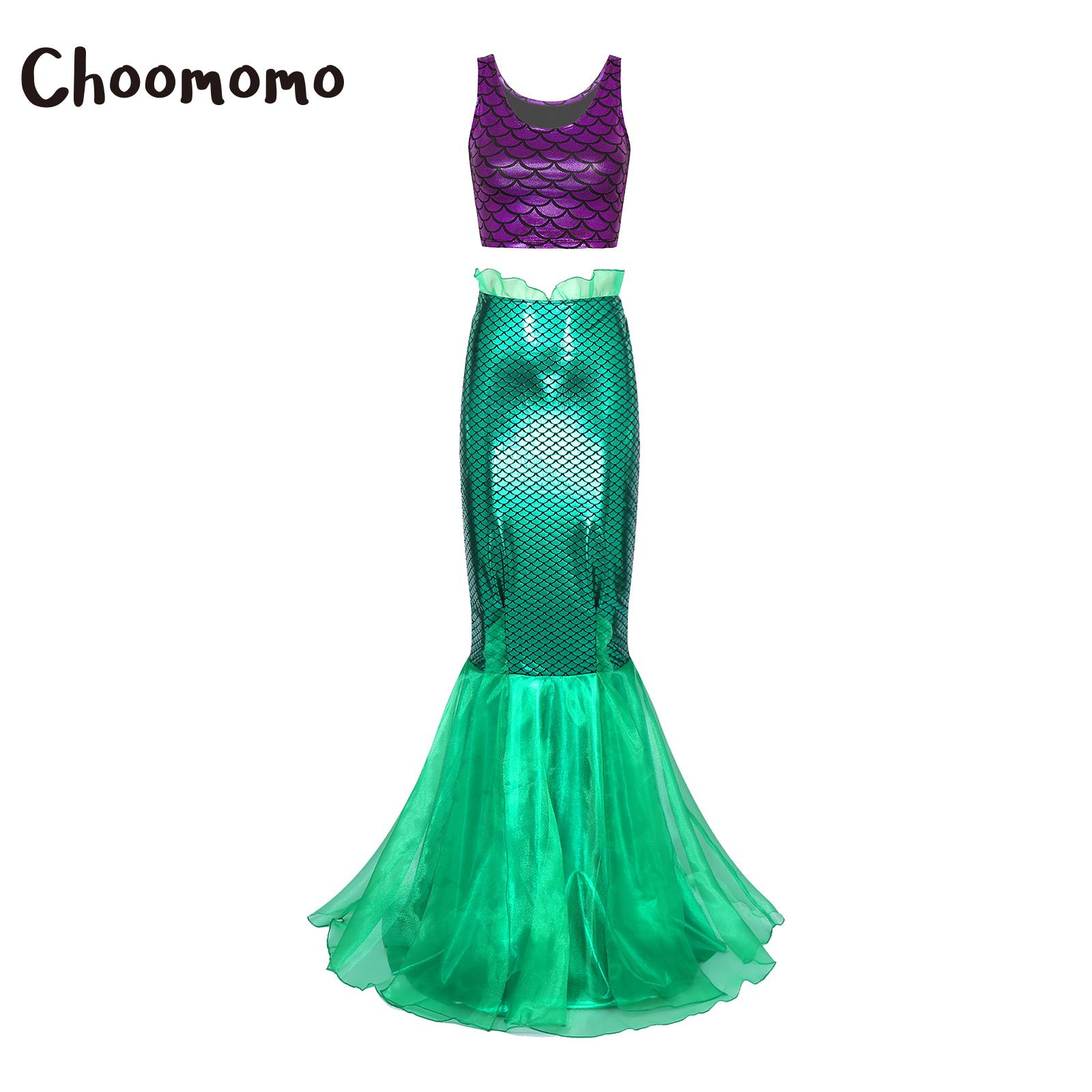 Aquarium - 女性ハロウィンマーメイドコスプレ衣装メタリックタンクトップ魚鱗プリントクロップトップとチュールフィッシュテールスカートセットファンシードレスアップ