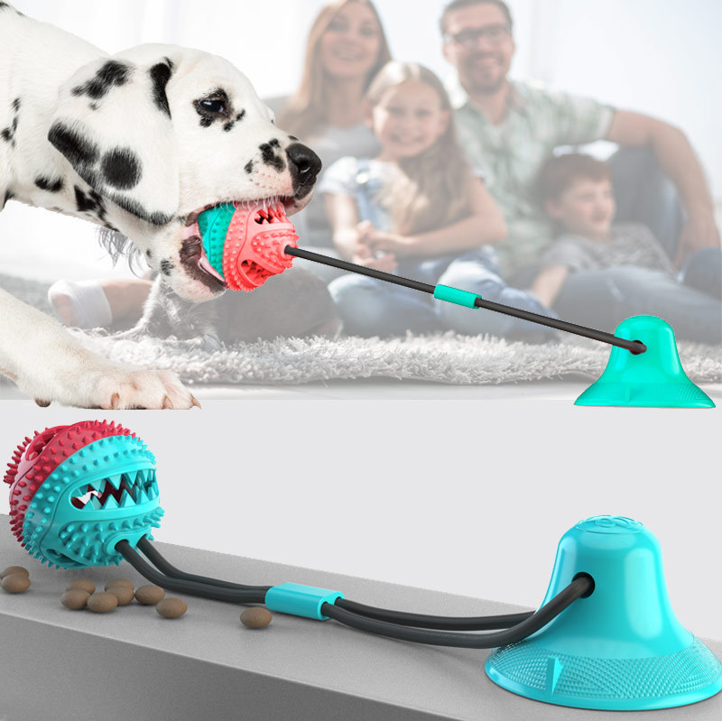 Rubber Treat Dispensing Dog Toy - 犬用噛むおもちゃ、攻撃的な噛み癖のある犬用インタラクティブ吸盤おもちゃ、歯固めロープおもちゃ、犬用パズルおやつ入れボールおもちゃ