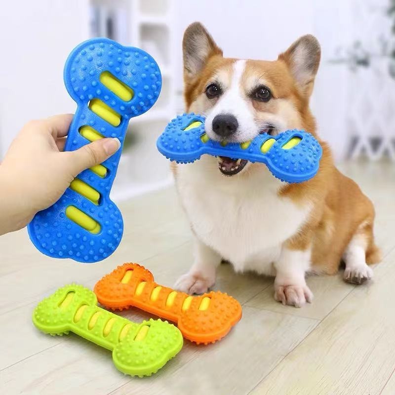 Teeth Cleaning Dog Chew Bone - 耐久性のあるゴム製犬用噛むおもちゃ、鳴き笛入り骨型、噛みつきに強い歯磨きデンタルトイ、小型犬・中型犬・子犬用