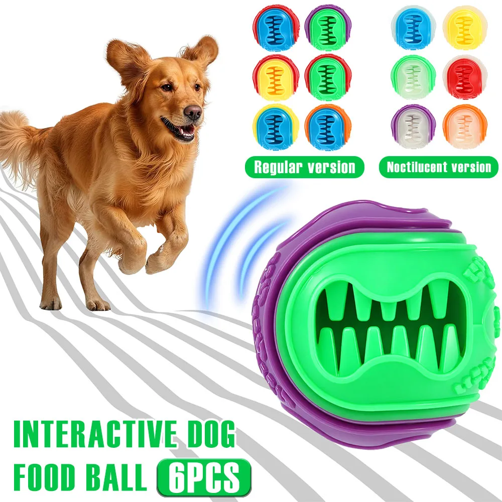 Rubber Treat Dispensing Dog Toy - 6個入りインタラクティブドッグフードボール、ゴム製プレイチューボールおもちゃ、明るい色のトリートディスペンサーおもちゃ、弾力のある鳴き笛入りドッグボール、ペット用品