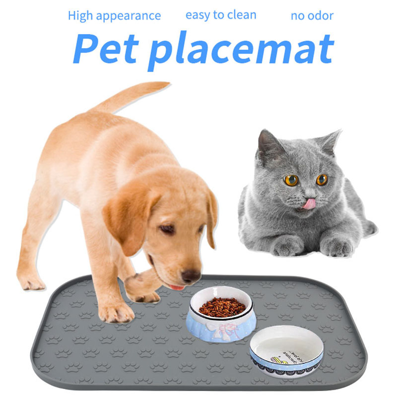 Pet Beds - ペット用シリコン製プレースマット、ベージュ/カーキ/グレー/ブラック、長方形、足跡模様、犬用食事用プレースマット、正方形ペット用食事マット